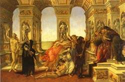  a ltima obra que tem como motivo um tema laico. A seguir, Botticelli s pintou motivos religiosos. Nesta obra, tematiza de modo alegrico a calnia que atinge um jovem inocente.