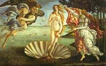Segundo a mitologia antiga, Vnus teria nascido da espuma dos mares. Botticelli representou-a aqui numa cocha que flutua na gua. Ela  empurrada em direo  margem por duas divindades dos ventos, enquanto uma das Horas, as deusas das estaes, tem nas mos uma pea de roupa aberta, pronta a envolver Vnus.